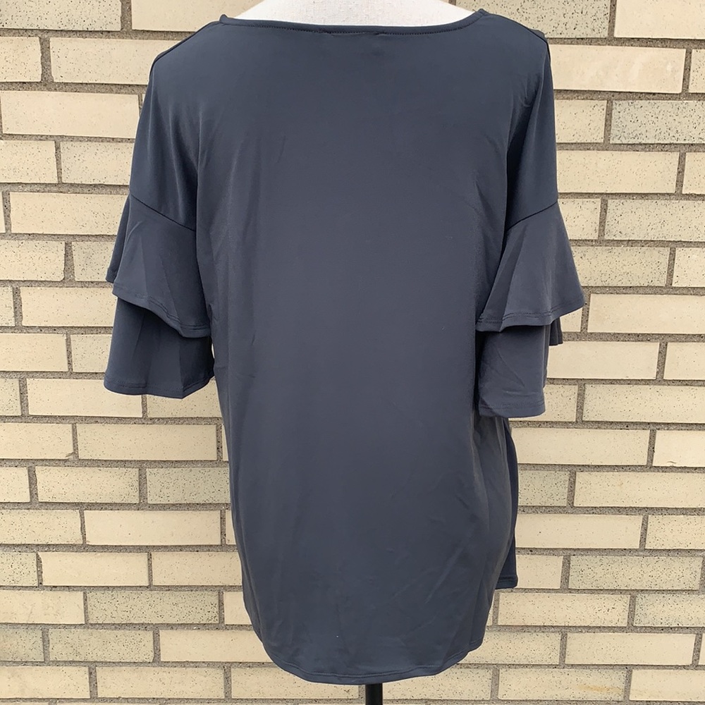 Zenana Ash Gray Double Ruffle Sleeve Drop Shoulders Top NWT - Picture 5 of 8